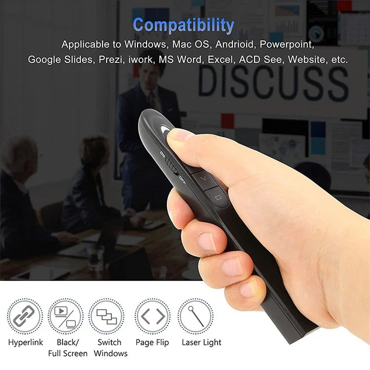 XM930 Caneta Sem Fios 2.4GHz para Virar Páginas em PowerPoint com Apontador Laser Multimédia e Recetor USB, Suporta Aviso de Bateria Fraca, Distância de Controlo Remoto: 100m, 100m Branco, 100m Preto