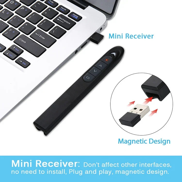 XM930 Caneta Sem Fios 2.4GHz para Virar Páginas em PowerPoint com Apontador Laser Multimédia e Recetor USB, Suporta Aviso de Bateria Fraca, Distância de Controlo Remoto: 100m, 100m Branco, 100m Preto