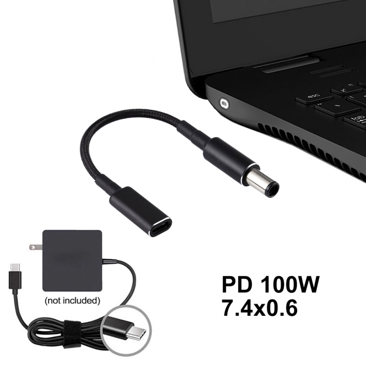 Cabo com Trança de Nylon Adaptador PD 100W 18.5-20V 7.4 x 0.6mm para USB-C / Type-C para HP, 7.4 x 0.6mm