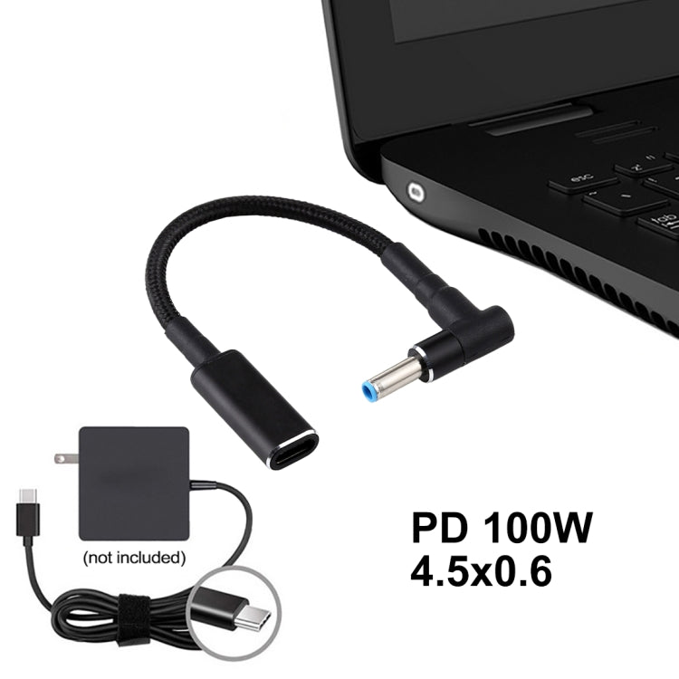 Adaptador PD 100W 18.5-20V 4.5 x 0.6mm em ângulo para USB-C / Type-C Cabo de Nylon Trançado para HP, 4.5 x 0.6mm