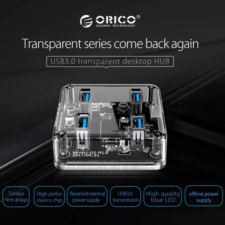 ORICO MH4U-100 Hub de Secretária Transparente USB 3.0 com Cabo Micro USB de 100cm, MH4U-100