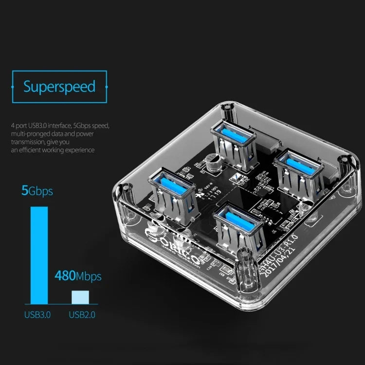 ORICO MH4U-100 Hub de Secretária Transparente USB 3.0 com Cabo Micro USB de 100cm, MH4U-100