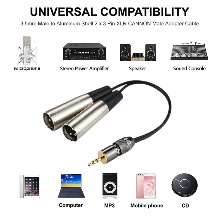 Cabo Adaptador de Áudio Macho XLR CANNON 3,5mm com Cabeça Metálica para Caixa de Alumínio 2 x 3 Pinos Macho, Comprimento Total: cerca de 25cm, 2 x 3 Pinos Macho