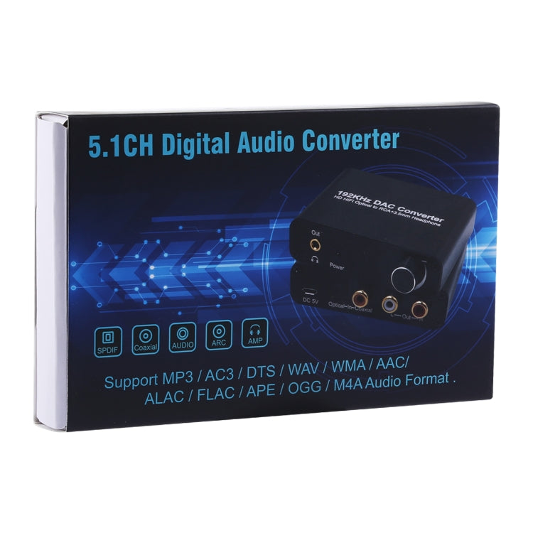 Conversor DAC 192KHz HD HIFI Óptico para RCA+3.5mm Auscultadores Canal 5.1 com Controlo de Volume, DAC 192KHz