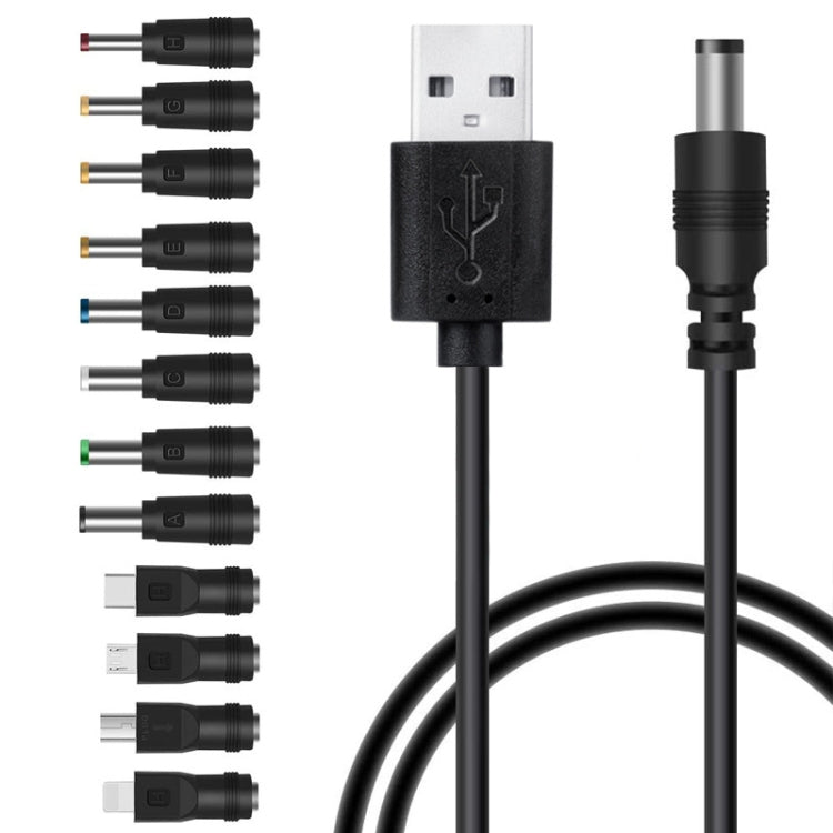 Cabo de alimentação DC multifunções USB 12 em 1 com plugue intercambiável para carregamento USB (preto)