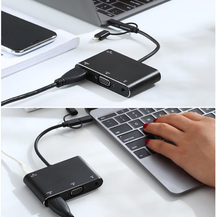 7585B Adaptador 3 em 1 Micro USB / 8 Pin / Type-C para VGA / HDTV / AV Jogador de Ecrã Móvel HD