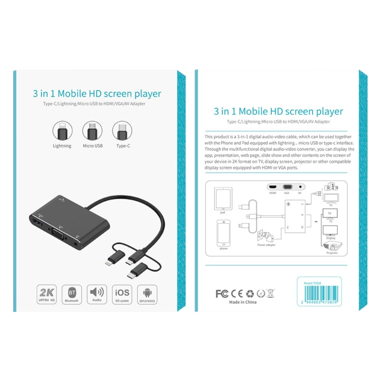 7585B Adaptador 3 em 1 Micro USB / 8 Pin / Type-C para VGA / HDTV / AV Jogador de Ecrã Móvel HD
