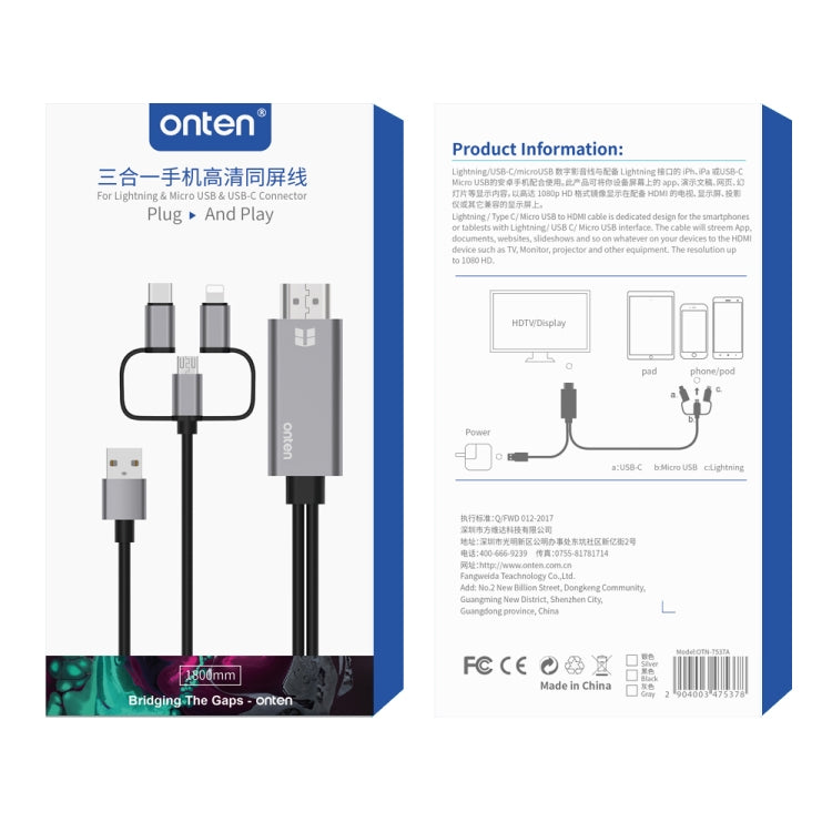 Onten OTN-7537A Cabo Adaptador 3 em 1 Jogador de Ecrã Móvel HD 1080P, OTN-7537A