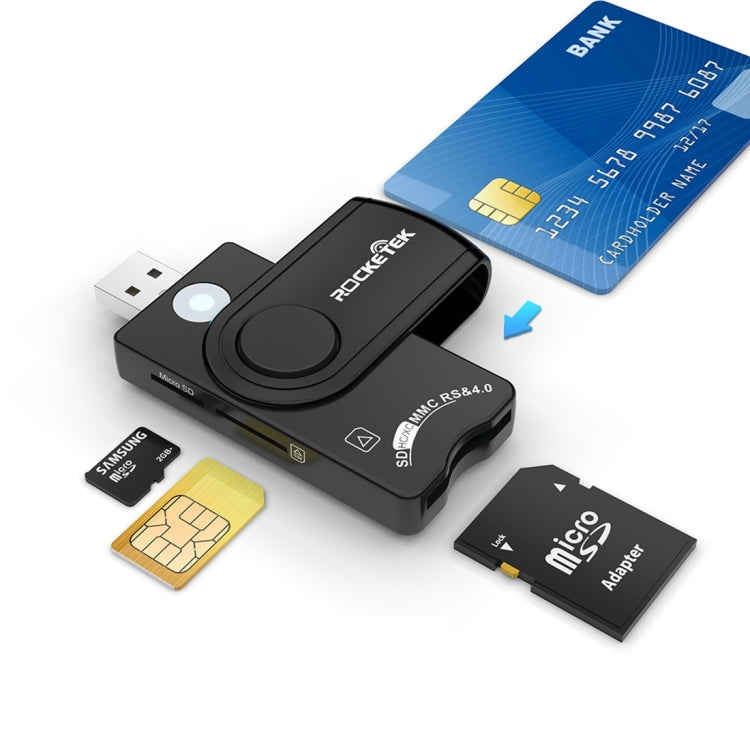 Leitor de cartões multifunções ROCKETEK CR310 USB 2.0 + cartão TF + cartão SD + cartão SIM + cartão inteligente, USB 2.0