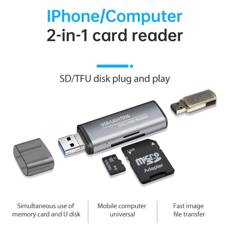 Leitor de cartão OTG 2 em 1 USB + 8 pinos USB Flash Disk / Cartão de memória para telemóvel IOS / computador