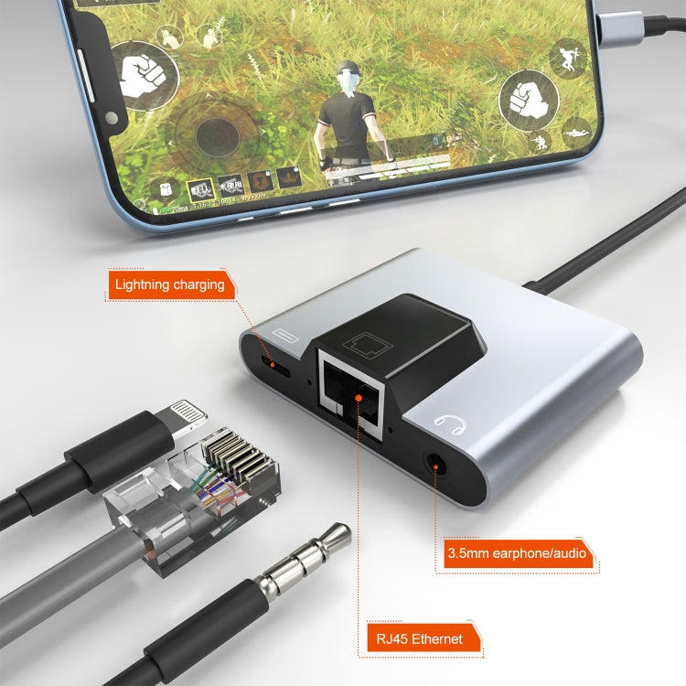 NK-1056 3 in 1 8 Pin Male to 8 Pin Charging + RJ45 Ethernet + 3.5mm Earphone Female Adapter, NK-1056