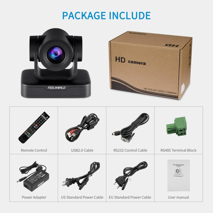 Câmara de Videoconferência FEELWORLD USB10X com Zoom Óptico 10X 1080P USB PTZ, Plugue UE e EUA, USB10X