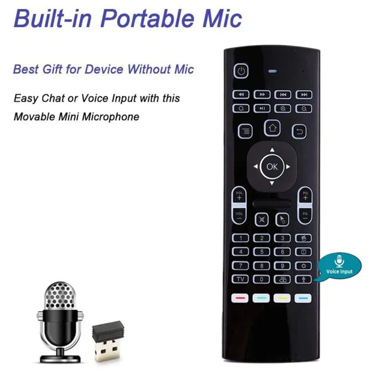 Comando Remoto Air Mouse Fly Sem Fios 2.4GHz com Voz e Retroiluminação MX3-L, Voz com Retroiluminação