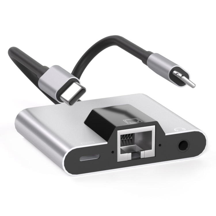 Adaptador 3 em 1 NK-1056Pro 8 pinos + USB-C / Tipo-C Macho para 8 pinos Carregamento + Ethernet + Auricular 3,5 mm Fêmea, NK-1056Pro