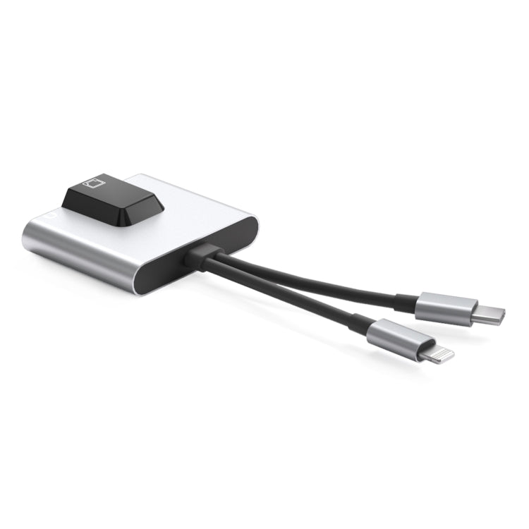 Adaptador 3 em 1 NK-1056Pro 8 pinos + USB-C / Tipo-C Macho para 8 pinos Carregamento + Ethernet + Auricular 3,5 mm Fêmea, NK-1056Pro