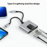 Adaptador 3 em 1 NK-1056Pro 8 pinos + USB-C / Tipo-C Macho para 8 pinos Carregamento + Ethernet + Auricular 3,5 mm Fêmea, NK-1056Pro