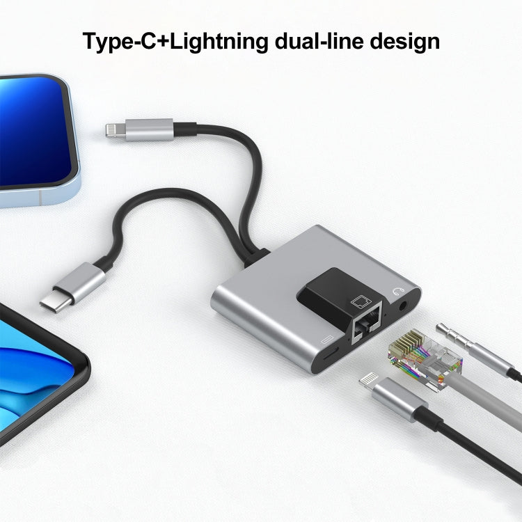 Adaptador 3 em 1 NK-1056Pro 8 pinos + USB-C / Tipo-C Macho para 8 pinos Carregamento + Ethernet + Auricular 3,5 mm Fêmea, NK-1056Pro