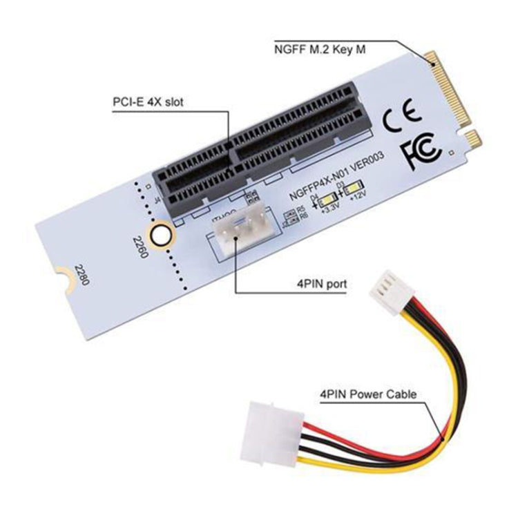 Adaptador NGFF M.2 Key M para PCI-E 1X / 4X / 8X / 16X para Placa Gráfica com LED e Cabo de Alimentação de 4 Pinos, VER003 com Cabo de Alimentação de 4 Pinos