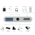 Adaptador OTG 3 em 1 USB-C / Type-C Macho para Type-C + USB + 3,5mm Fêmea