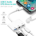 Adaptador OTG 3 em 1 USB-C / Type-C Macho para Type-C + USB + 3,5mm Fêmea