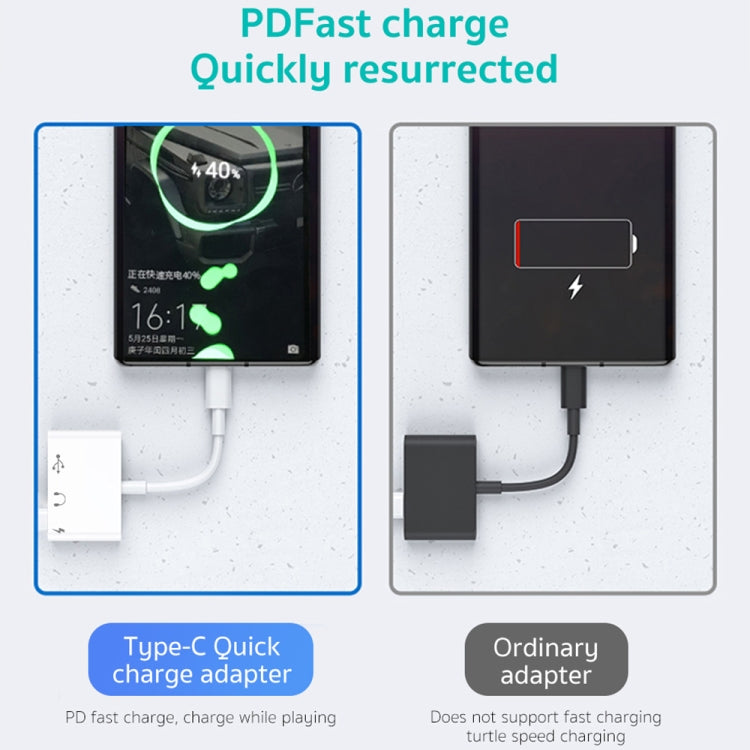 Adaptador OTG 3 em 1 USB-C / Type-C Macho para Type-C + USB + 3,5mm Fêmea