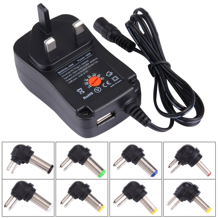 Adaptador Universal de Parede com Ficha UK 30W com Porta USB 5V 2.1A, Pontas: 8 Peças, Comprimento do Cabo: Cerca de 1,2m, Ficha UK