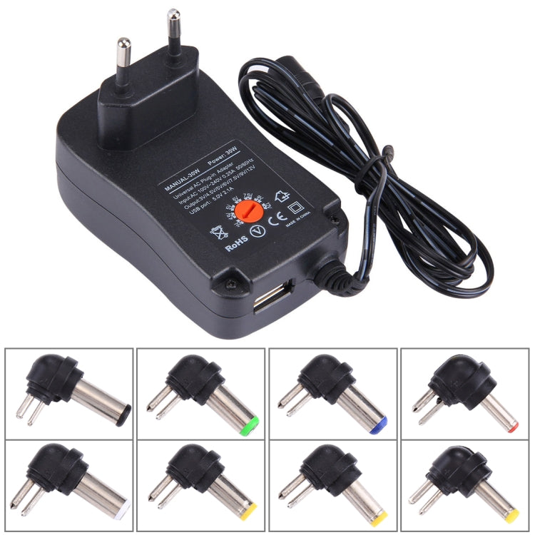 Adaptador Universal de Parede com Ficha EU 30W com Porta USB 5V 2.1A, Dicas: 6 PCS, Comprimento do Cabo: Cerca de 1,2m, Ficha EU