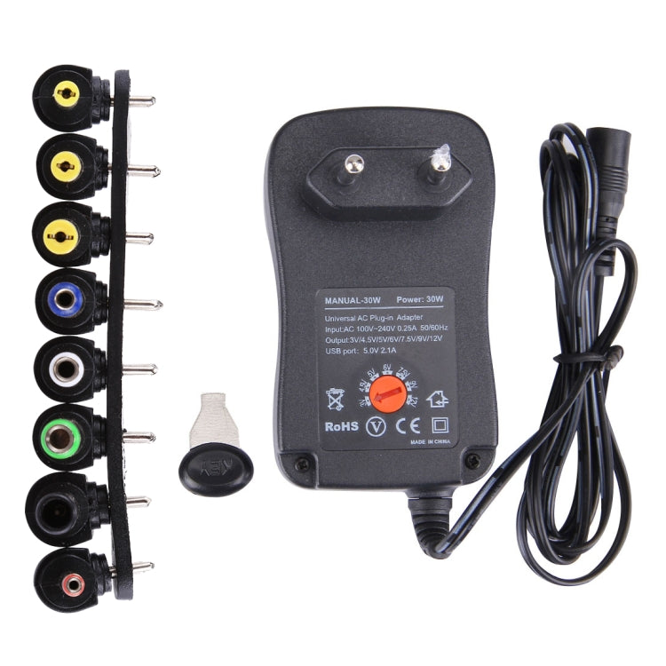 Adaptador Universal de Parede com Ficha EU 30W com Porta USB 5V 2.1A, Dicas: 6 PCS, Comprimento do Cabo: Cerca de 1,2m, Ficha EU
