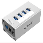 HUB USB 3.0 de Alta Velocidade ORICO A3H4 com 4 Portas em Alumínio e Fonte de Alimentação 12V/2.5A para Portáteis, 4 Portas (Prateado)