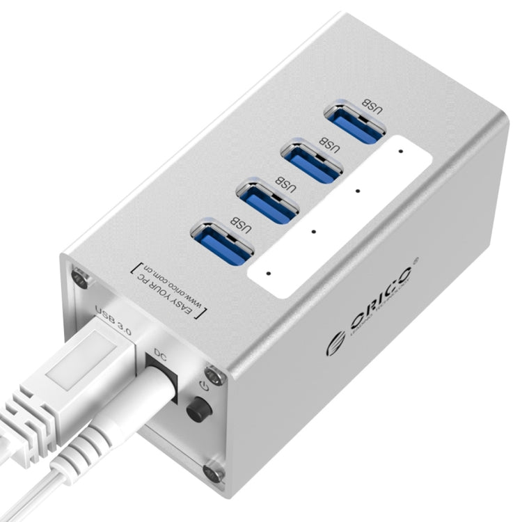 HUB USB 3.0 de Alta Velocidade ORICO A3H4 com 4 Portas em Alumínio e Fonte de Alimentação 12V/2.5A para Portáteis, 4 Portas (Prateado)