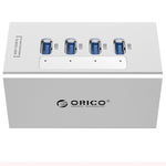 HUB USB 3.0 de Alta Velocidade ORICO A3H4 com 4 Portas em Alumínio e Fonte de Alimentação 12V/2.5A para Portáteis, 4 Portas (Prateado)
