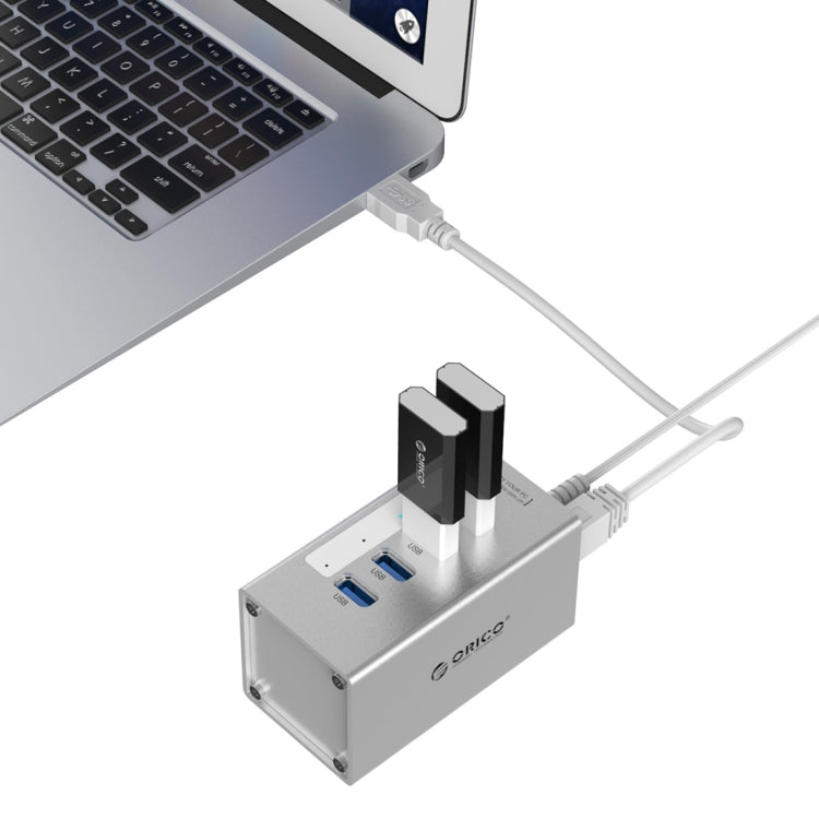 HUB USB 3.0 de Alta Velocidade ORICO A3H4 com 4 Portas em Alumínio e Fonte de Alimentação 12V/2.5A para Portáteis, 4 Portas (Prateado)