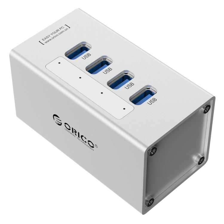 HUB USB 3.0 de Alta Velocidade ORICO A3H4 com 4 Portas em Alumínio e Fonte de Alimentação 12V/2.5A para Portáteis, 4 Portas (Prateado)