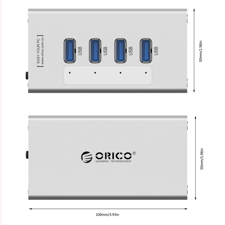 HUB USB 3.0 de Alta Velocidade ORICO A3H4 com 4 Portas em Alumínio e Fonte de Alimentação 12V/2.5A para Portáteis, 4 Portas (Prateado)