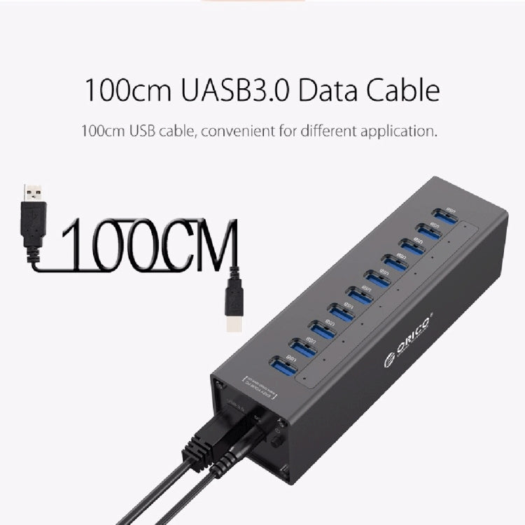 ORICO A3H10 HUB USB 3.0 de alta velocidade em alumínio com 10 portas e adaptador de energia para portáteis, 10 portas (prateado), 10 portas (preto)