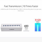 ORICO A3H10 HUB USB 3.0 de alta velocidade em alumínio com 10 portas e adaptador de energia para portáteis, 10 portas (prateado), 10 portas (preto)