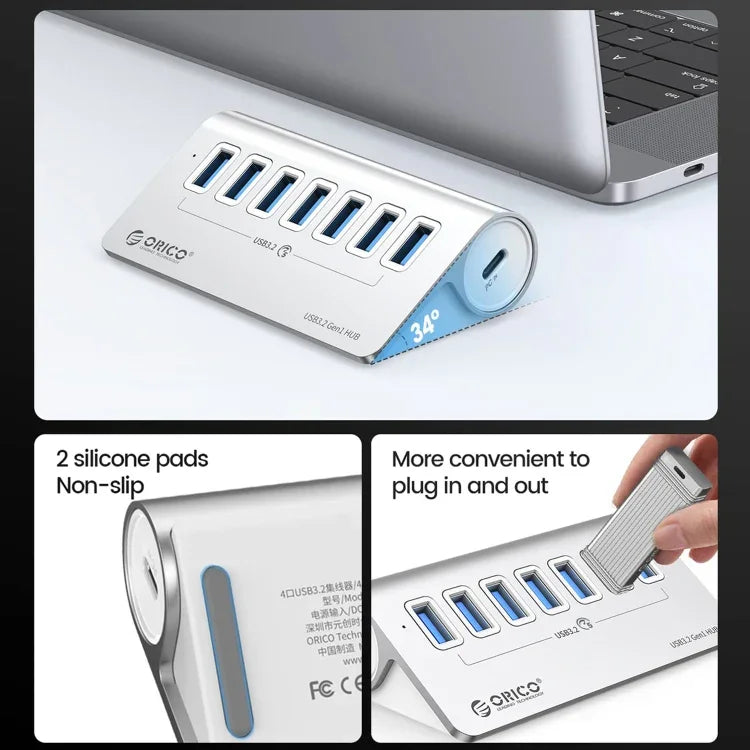 ORICO M3U7 Hub USB 3.2 Gen1 5Gbps com 7 Portas em Liga de Alumínio e Cabo de 0,5m, M3U7 0,5m