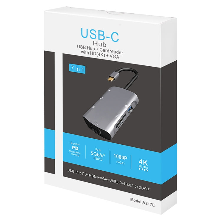 V217E Estação de Acoplamento HUB Tipo C / USB-C 7 em 1 para PD + HDMI + VGA + USB3.0 + UB2.0 + SD / TF Multifuncional, PD+HDMI+VGA+USB3.0+UB2.0+SD / TF