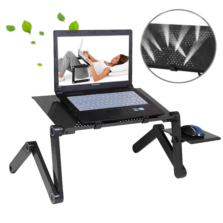 Suporte de secretária portátil ajustável em alumínio dobrável com ângulo de 360 graus e tapete de rato para portátil / notebook, sem ventoinhas CPU, com tapete de rato, com tapete de rato (M)