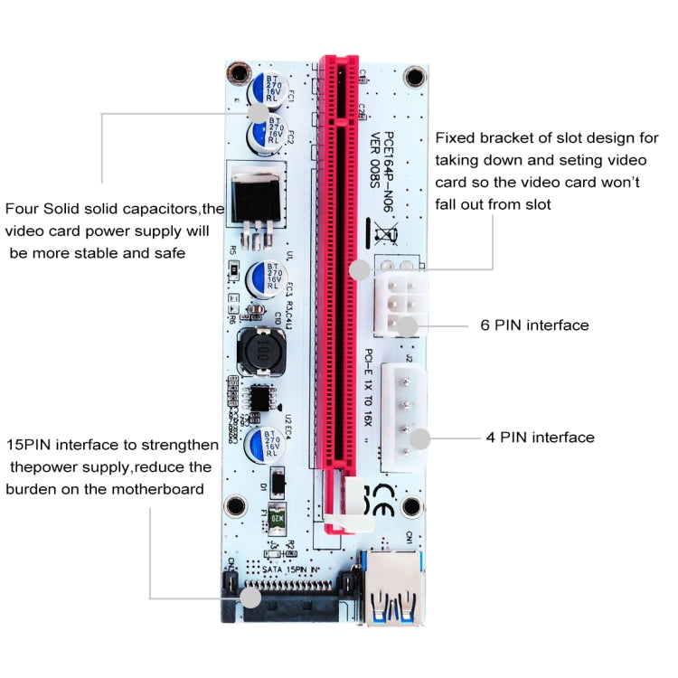 PCE164P-N06 VER008S Adaptador Extensor PCI-E USB 3.0 1x para 16x PCI-E com Cabo USB de 60cm, Porta de Alimentação SATA 15 Pinos + 6 Pinos + 4 Pinos, VER008S Vermelho