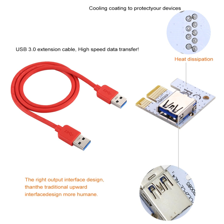 PCE164P-N06 VER008S Adaptador Extensor PCI-E USB 3.0 1x para 16x PCI-E com Cabo USB de 60cm, Porta de Alimentação SATA 15 Pinos + 6 Pinos + 4 Pinos, VER008S Vermelho