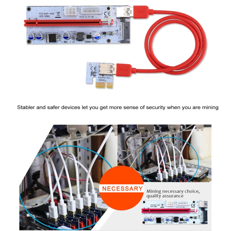 PCE164P-N06 VER008S Adaptador Extensor PCI-E USB 3.0 1x para 16x PCI-E com Cabo USB de 60cm, Porta de Alimentação SATA 15 Pinos + 6 Pinos + 4 Pinos, VER008S Vermelho