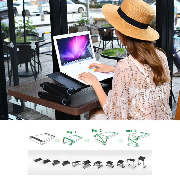 Suporte de secretária portátil ajustável em alumínio dobrável com ângulo de 360 graus com ventoinhas duplas CPU e tapete de rato para portátil / notebook, tamanho da secretária: 420mm x 260mm, 420 x 260mm