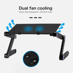 Suporte de secretária portátil ajustável em alumínio dobrável com ângulo de 360 graus com ventoinhas duplas CPU e tapete de rato para portátil / notebook, tamanho da secretária: 420mm x 260mm, 420 x 260mm