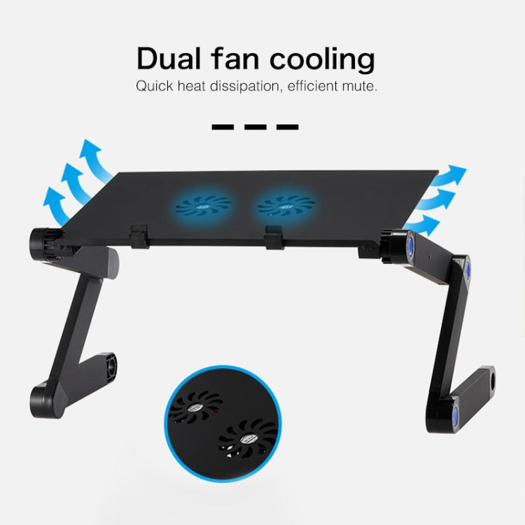 Suporte de secretária portátil ajustável em alumínio dobrável com ângulo de 360 graus com ventoinhas duplas CPU e tapete de rato para portátil / notebook, tamanho da secretária: 420mm x 260mm, 420 x 260mm