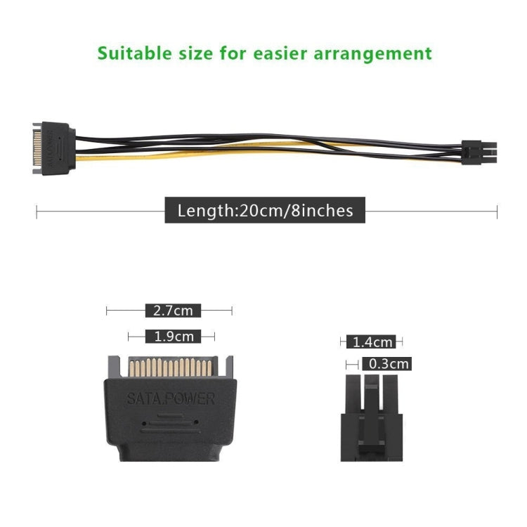 Cabo de alimentação SATA para placa gráfica PCI Express de 20cm, SATA 15 pinos para 6 pinos fêmea