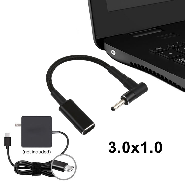 Cabo adaptador PD 100W 18,5-20V 3,0 x 1,0mm cotovelo para USB-C / Tipo-C com revestimento de nylon, 3,0 x 1,0mm