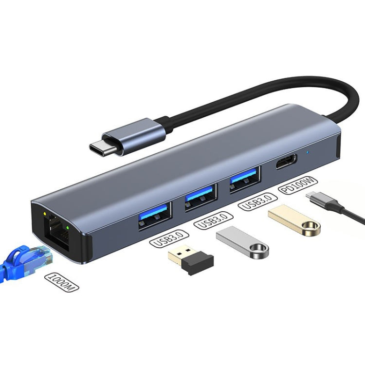 BYL-2302 Estação de Acoplamento Multifuncional HUB USB-C / Type-C para USB 5 em 1 com Porta de Rede 1000M, BYL-2302