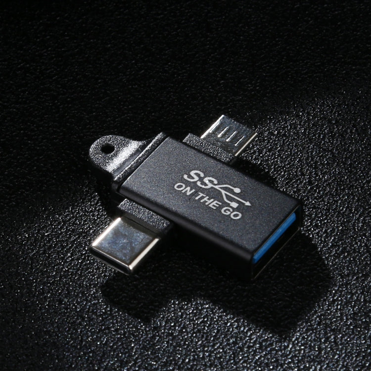 Adaptador de Ligações USB 3.0 Fêmea para Tipo-C / USB-C Macho + Micro Macho em Liga de Alumínio, USB 3.0 Fêmea para Tipo-C Macho + Micro Macho