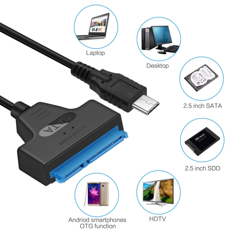 Cabo Conversor de Dados USB-C / Tipo-C 3.1 Macho para SATA (15 Pinos + 7 Pinos) HDD, Comprimento: 20cm, Tipo-C para SATA